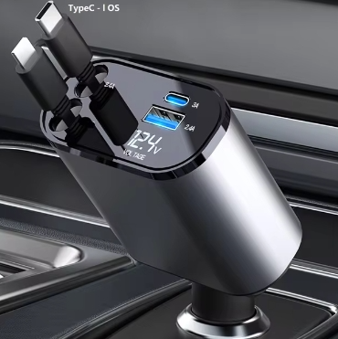 Cargador de Coche USB-C Retractable de Carga Rápida